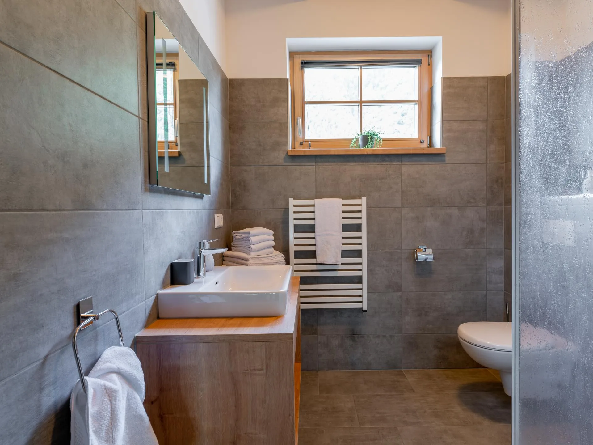 Haus Liene - Contemporary bathroom featuring stylish sink, modern fixtures and premium amenities in our luxury mountain chalet